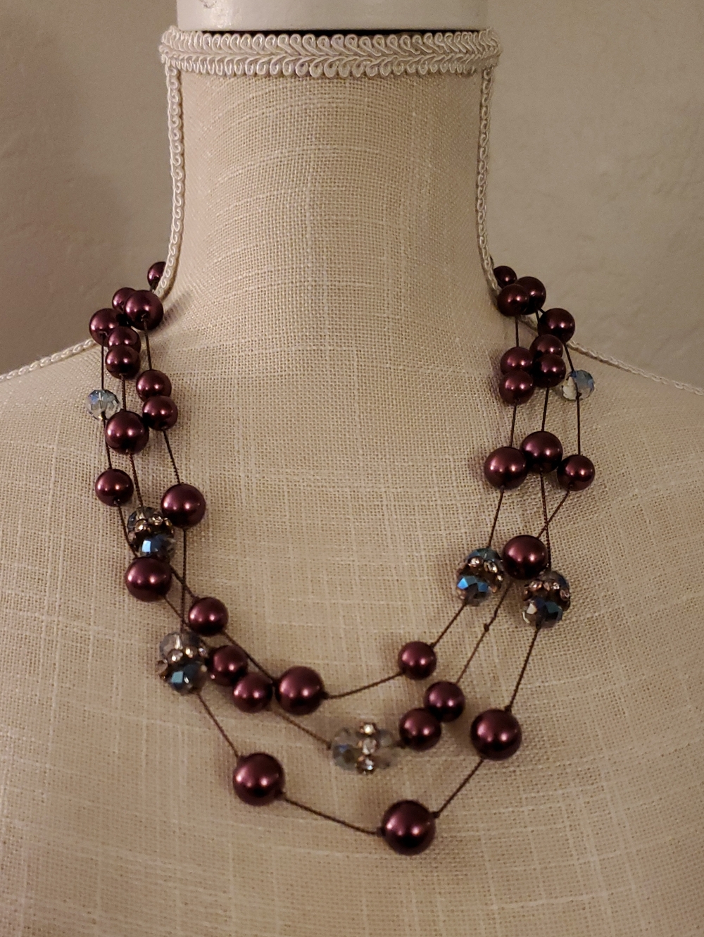 Vintage Coldwater Creek Twinkling Pearls Station Necklace Burgundy AB Crystals